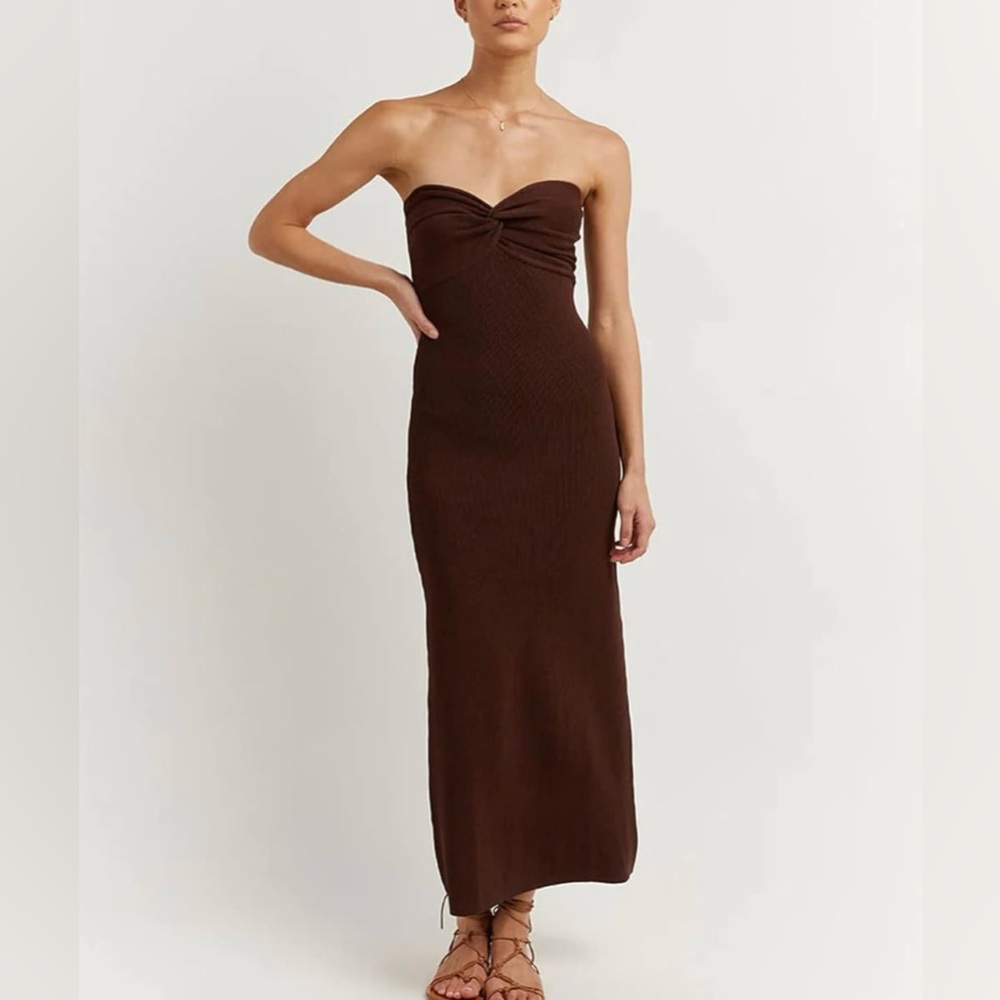 Strapless Twist-Front Maxi Dress in Chocolate Brown